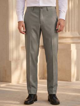 Louis Philippe - Men Grey Solid Flat Front Formal Trousers