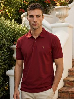 Louis Philippe - Men's Maroon Solid Mercirised Polo T-shirt with Contrast Branding