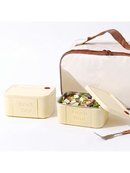 House of Quirk - Off White Lunch Box 2 Containers with 1 Divider Container Insulated Lunch Bag