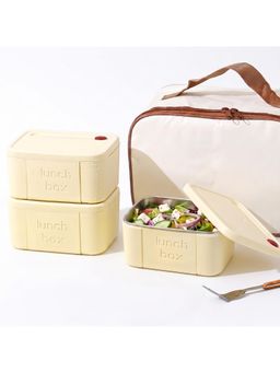 House of Quirk - Off White Lunch Box 3 Containers with 1 Divider Container Insulated Lunch Bag