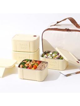 House of Quirk - Off White Lunch Box 4 Containers with 1 Divider Container Insulated Lunch Bag