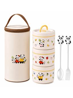 House of Quirk - Beige Panda Printed Lunch Box 3 Container Insulated Tiffin Box
