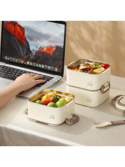 House of Quirk - Beige Lunch Box 3 Containers with 1 Divider Container Insulated Lunch Bag