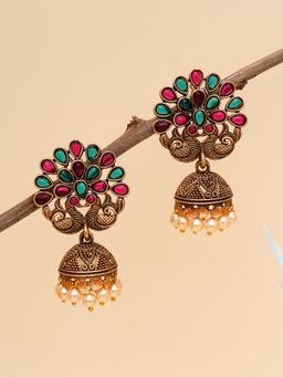 Karatcart - Gold Plated Peacock Shape Red and Green Stone Jhumki Earrings for Women