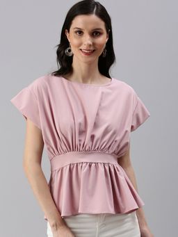SHOWOFF - Women's Solid Peplum Mauve Boat Neck Top