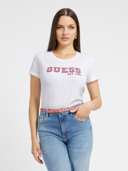 Guess - Women White Printed Round Neck T-Shirt