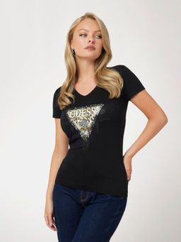Guess - Black Printed Round Neck Women T-Shirt