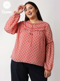 Twenty Dresses by Nykaa Fashion - Curve Red Round Neck Printed Top