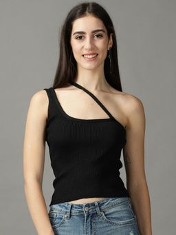 SHOWOFF - Womens Shoulder Straps Fitted Solid Black Crop Top