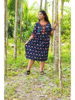 Uttariya - Blue Cotton Printed Knee Length Dress