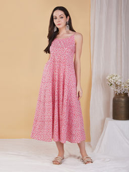 Akiso - Pink Star Hand Block Printed Long Flared Midi Dress