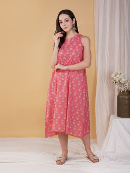 Akiso - Pink Hand Block Printed Long A Line Sleeveless Midi Dress