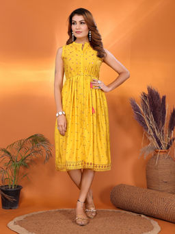 Rangita - Women Yellow Viscose Blend Embroidered Flared Midi Dress with Dori Belt (Set of 2)