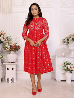 Rangita - Women Red Rayon Printed Flared Midi Dress
