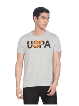 U.S. Polo Assn. Denim Co. - Men Grey Crew Neck Brand Print Heathered T-Shirt