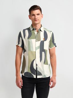 U.S. Polo Assn. Denim Co. - Abstract Printed Multi Color Short Sleeves Spread Collar Shirt