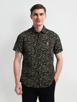 U.S. Polo Assn. Denim Co. - Printed Black Short Sleeves Spread Collar Shirt