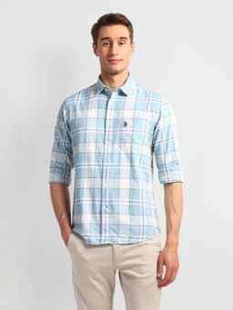 U.S. Polo Assn. Denim Co. - Checkered Blue Long Sleeves Spread Collar Shirt