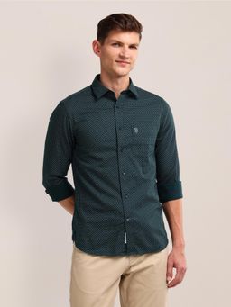 U.S. POLO ASSN. - Printed Green Long Sleeves Spread Collar Shirt
