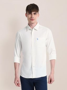 U.S. POLO ASSN. - Solid White Long Sleeves Spread Collar Shirt
