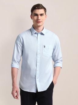 U.S. POLO ASSN. - Solid Blue Long Sleeves Spread Collar Shirt