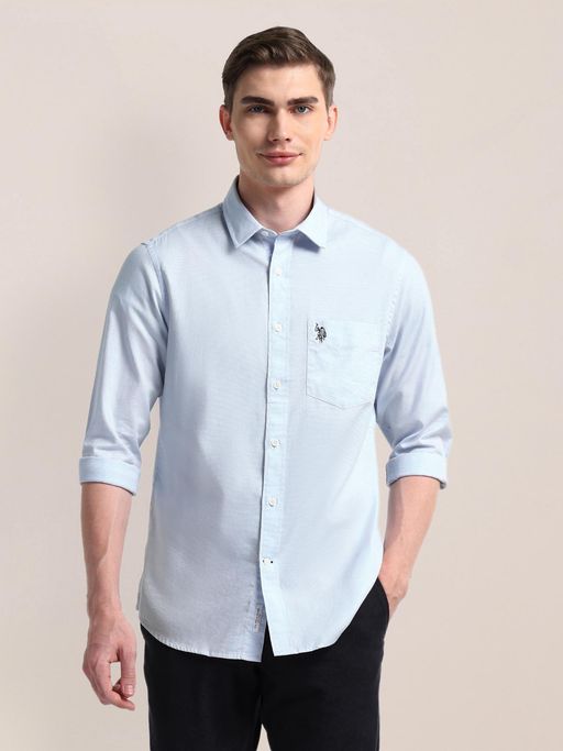 U.S. POLO ASSN. Solid Blue Long Sleeves Spread Collar Shirt