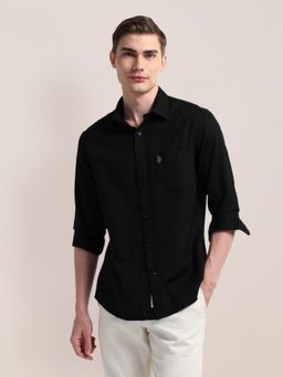 U.S. POLO ASSN. - Solid Black Long Sleeves Spread Collar Shirt