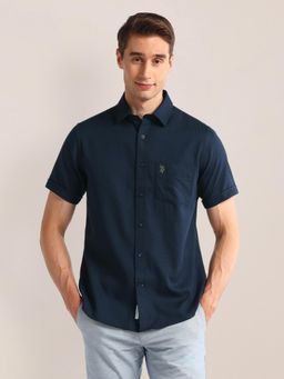 U.S. POLO ASSN. - Solid Navy Blue Short Sleeves Spread Collar Shirt