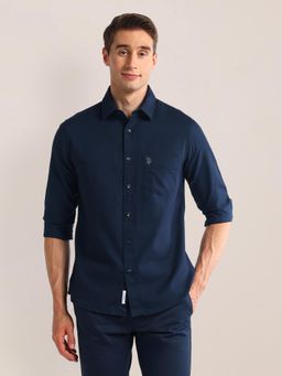U.S. POLO ASSN. - Solid Navy Blue Long Sleeves Spread Collar Shirt