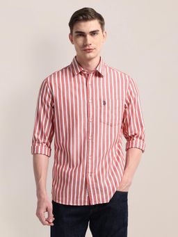 U.S. POLO ASSN. - Striped Red Long Sleeves Spread Collar Shirt
