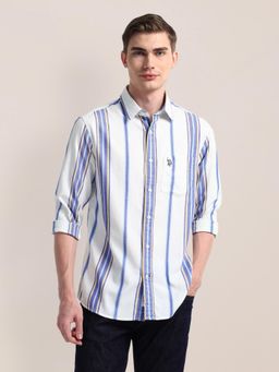 U.S. POLO ASSN. - Striped White Long Sleeves Spread Collar Shirt