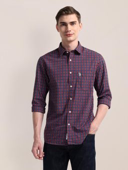 U.S. POLO ASSN. - Checked Red Long Sleeves Spread Collar Shirt