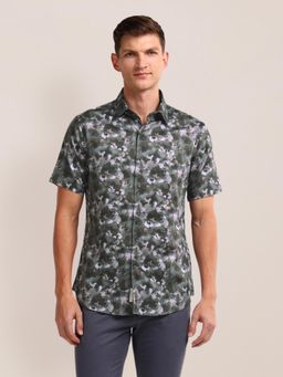U.S. POLO ASSN. - Floral Printed Green Short Sleeves Spread Collar Shirt