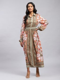 Label Ritu Kumar - Olive Floral Print Midi Dress