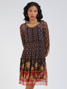 Label Ritu Kumar - Black Round Neck Printed Knee Length Dress with Inner (Set of 2)