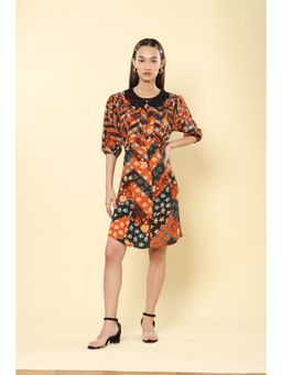 Label Ritu Kumar - Rust Floral Printed Knee Length Dress