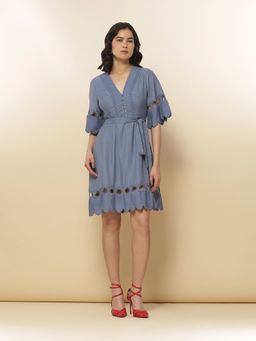 Label Ritu Kumar - Blue Miranda Knee Length Dress with Belt (Set of 2)