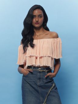 Label Ritu Kumar - Peach Print Off Shoulder Top