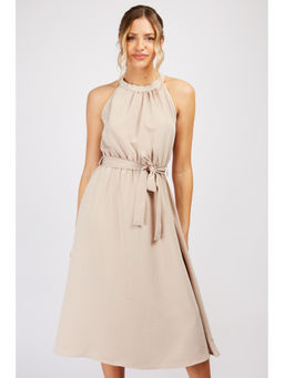 Trendyol - Stone High Neck Midi Dress With Tie Waist