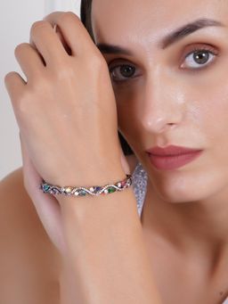 Adwitiya - S Shaped Multicolor Zircon Silver Plated Bracelet Kada