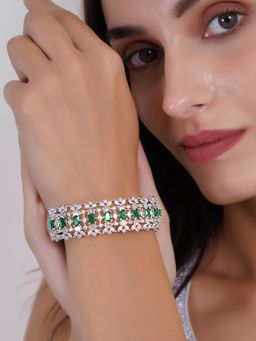 Adwitiya - Silver Plated Ad Green Stone Bracelet Kada