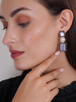Adwitiya - Rhodium Plated Lavender Crystal and Stone Studded Earrings
