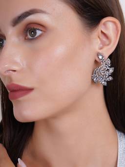 Adwitiya - Gun Metal Polish Flower Design Ad Studded Earrings