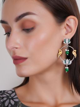 Adwitiya - Silver Plated Pigeon and Lotus Design Green Yellow Oxidised Earrings with Pearl