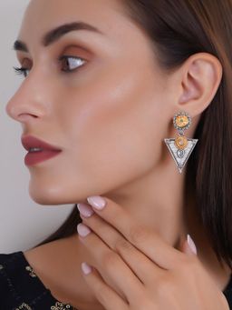 Adwitiya - Silver Plated Triangle Filigree Oxidised Earring with Flower Design and Crystal