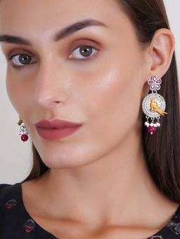 Adwitiya - Silver Plated Ruby Stone Studded Oxidised Earrings with Bird Design and Pearl