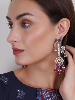 Adwitiya - Silver Plated Ruby Stone Studded Oxidised Earrings with Peacock Design and Pearl