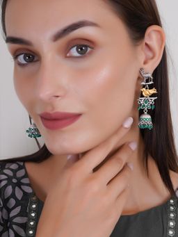 Adwitiya - Silver Plated Deer and Bird Design Oxidised Earrings with Green Pearl