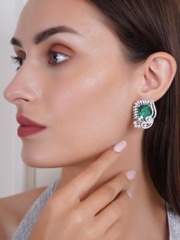 Adwitiya - Rhodium Plated Cyan Emerald Ad A Grade Stone Studded Earrings