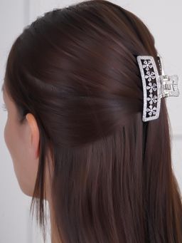 Adwitiya - Rhodium Plated Silver Hair Claw Clip Flower Designed Clutched Hair Clip